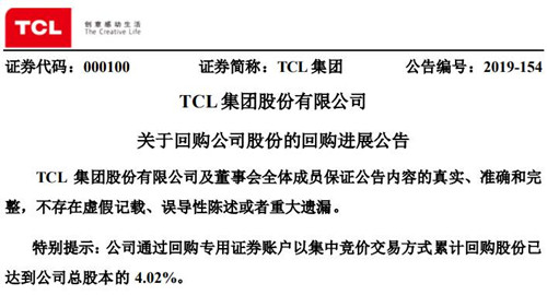 半导体显示｜TCL集团累计回购4.02%公司股份 斥资18.55亿元